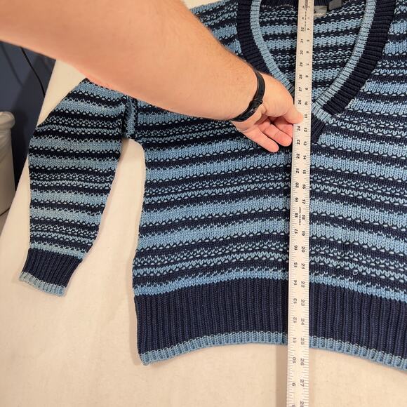 Liz Wear Cotton V-Neck Sweater Woman's Large Open Knit Made In USA Blue Stripe - Picture 6 of 8